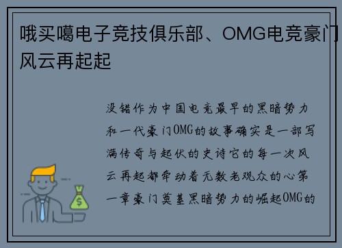 哦买噶电子竞技俱乐部、OMG电竞豪门风云再起起