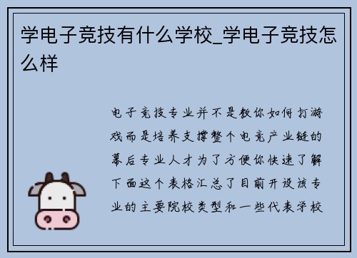 学电子竞技有什么学校_学电子竞技怎么样